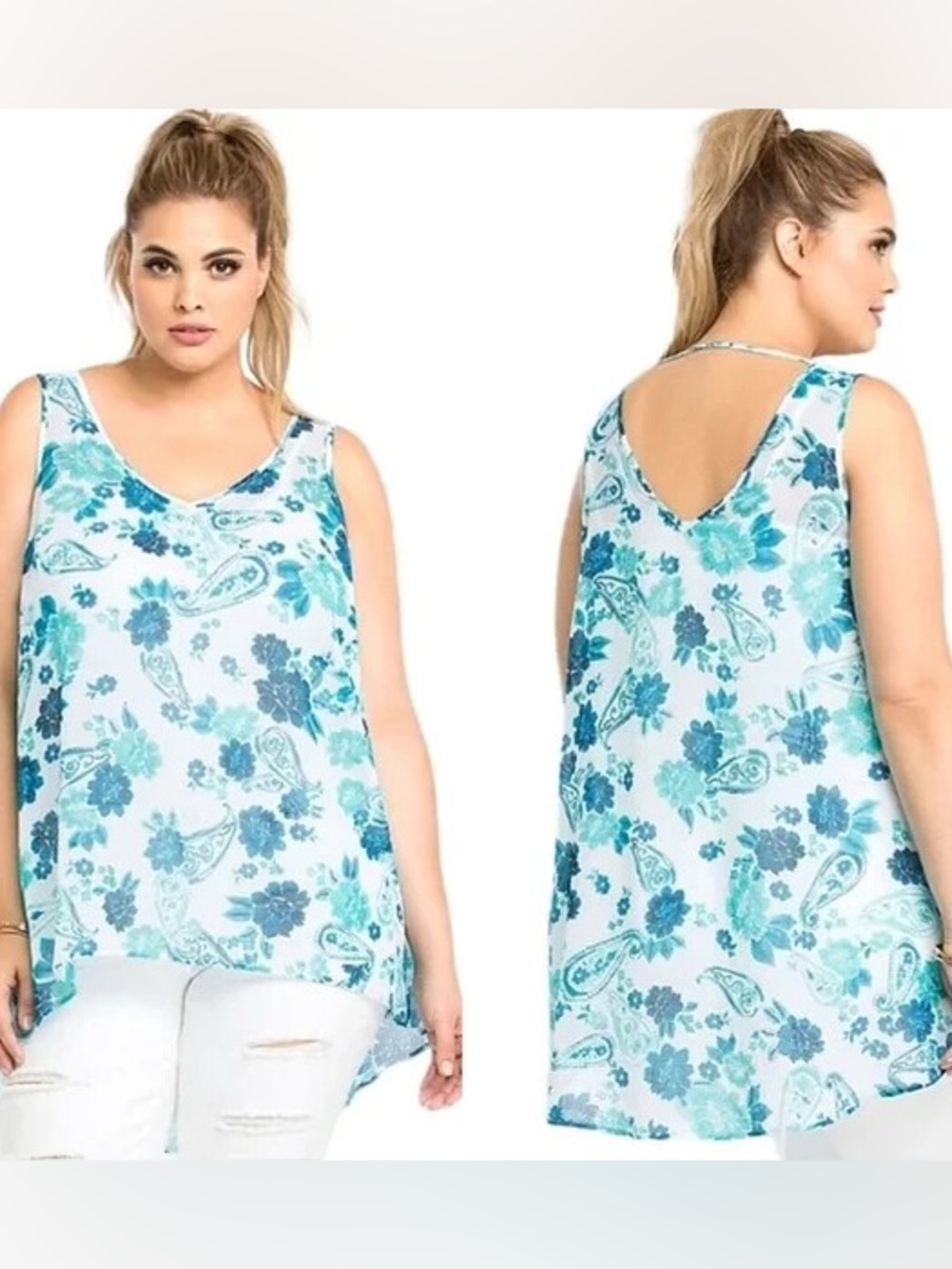 Torrid White hi-low Tank with Teal Floral Paisley Print